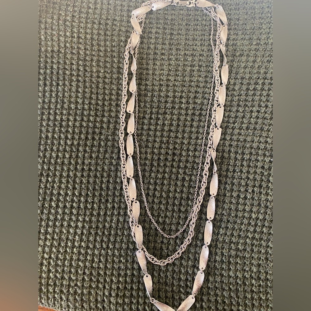 Vintage 3 Strand Layered Silver Tone Necklace.